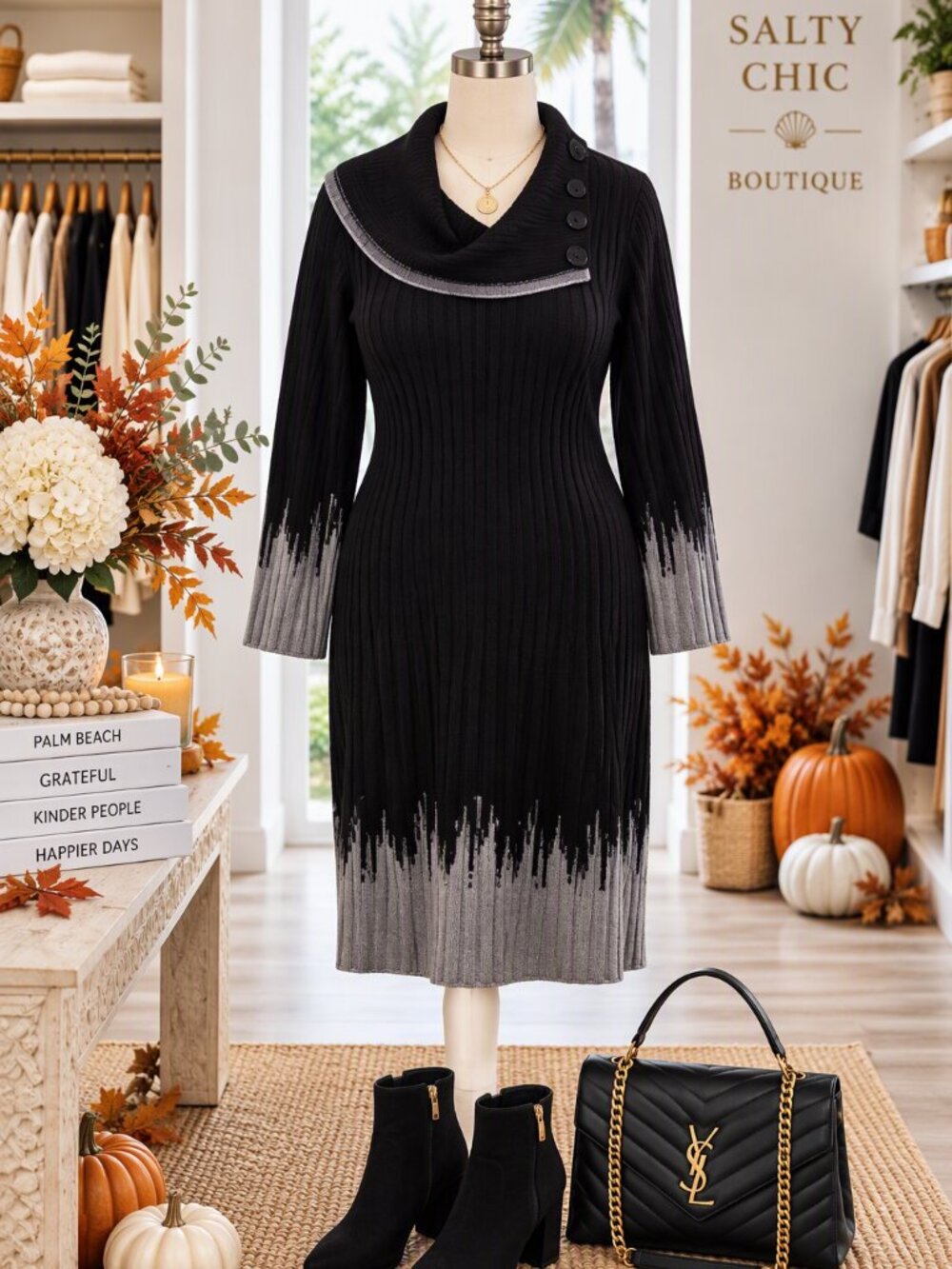 Sandra Darren Sweater DressBlack Ribbed Long-Sleeve with Gray Dip-Dye Trim